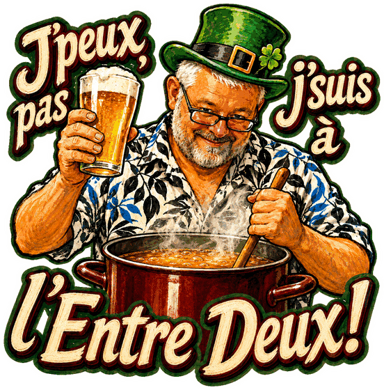 Aufkleber: Babass mit grünem Hut, in der einen Hand ein Bier, in der anderen die Maischekelle, mit dem Spruch „Geht nicht, ich bin im Entre Deux!“